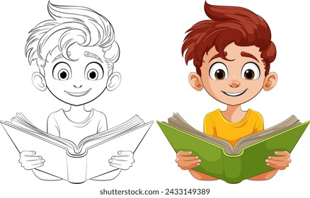 Cheerful child reading, immersed in a story