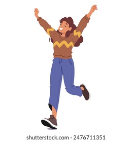 Cheerful Child Running With Arms Raised, Expressing Joy And Excitement. Bright Colors And Dynamic Pose Capture A Sense Of Freedom And Happiness At Girl Character. Cartoon People Vector Illustration