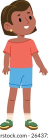 A cheerful child with short hair and casual clothes in a flat style. The kid wears a bright top and shorts, smiling warmly. Cartoon vector illustration.