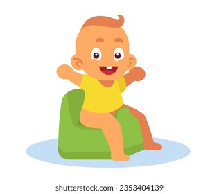 Cheerful child sits on potty. Toilet training. Morning or evening hygiene routine. Baby on chamber pot. Happy kid. human early age. Cartoon flat style isolated illustration. Vector concept