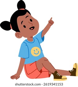 A cheerful child sitting and pointing.  The drawing shows a joyful kid in a playful pose. Cartoon Vector Illustration.