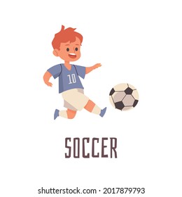 Cheerful child soccer player cartoon character, flat vector illustration isolated on white background. Cute boy kid in soccer or football uniform kicking a ball.