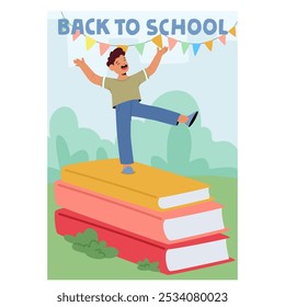 Cheerful Child Stands On A Stack Of Books Celebrating Back To School With Colorful Bunting In The Background. Cartoon Vector Image Captures Excitement Positivity And Eagerness For The New School Year