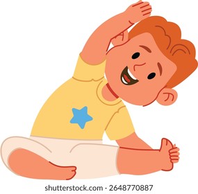 A cheerful child with a star on the shirt sits in a stretching pose, drawn in a playful cartoon style. The kid is smiling widely while reaching one arm over the head. Cartoon vector illustration.