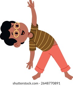 A cheerful child stretches with one arm up in a playful pose, drawn in a bold cartoon style. The kid joyfully leans sideways, wearing glasses and colorful clothes. Cartoon vector illustration.