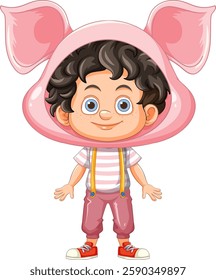 A cheerful child wearing a cute pig costume