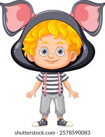 A cheerful child wearing a mouse-themed outfit