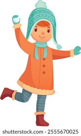 Cheerful child wearing warm winter clothes, including a knitted hat, coat, scarf, and mittens, is playfully throwing a snowball, embodying the joy and excitement of winter activities