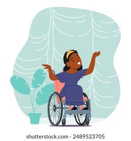 Cheerful Child In A Wheelchair Engaging In A Joyful Activity. Cartoon Vector Image Portrays Inclusivity, Happiness And Creativity, Highlighting The Positive Experiences Of Children With Disabilities