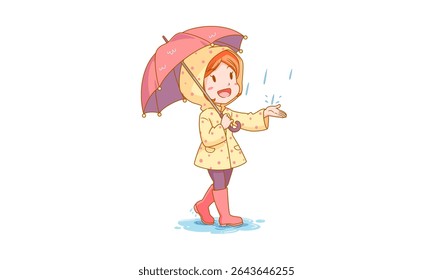 A cheerful child in a yellow polka-dot raincoat and pink boots holds a pink umbrella while enjoying the rain. They splash in a puddle, conveying a playful mood.
