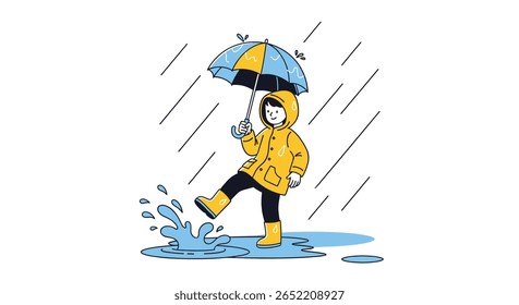 Uma criança alegre em uma capa de chuva amarela e botas alegremente respinga em poças sob um guarda-chuva colorido durante um chuveiro de chuva desfrutando do tempo úmido ao ar livre