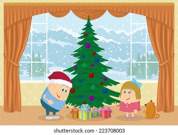 Cheerful Children, boy, girl and dog finding gift boxes under fir tree in room with view on mountains and snowy sky, Christmas holiday background illustration, funny cartoon characters. Vector