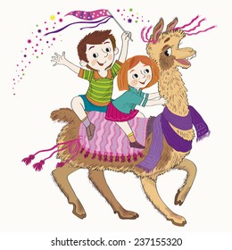 Cheerful children (boy and girl) go astride the llama.Illustration done in cartoon style. Children astride the llama.-Illustration