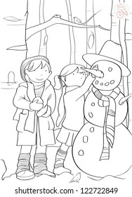 cheerful children building a snowman near the trees - coloring page