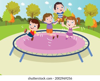 Cheerful children cartoon character jumping on the trampoline at the park