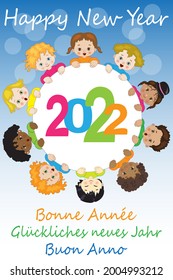 Cheerful children in a circle celebrate the new year two thousand and twenty two with greeting text in English and other languages