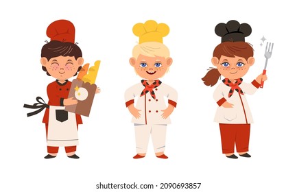 Cheerful children cook chefs in uniform set cartoon vector illustration