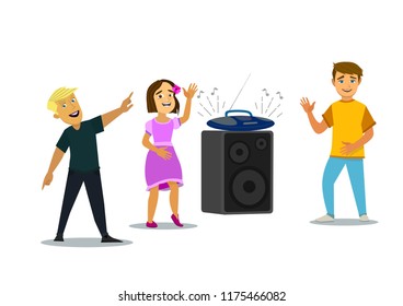 Cheerful children dancing to the music. Vector illustration in flat style.