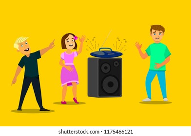 Cheerful children dancing to the music. Vector illustration in flat style.