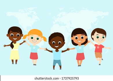 Cheerful children of different nationalities held hands on a blue background with a world map. Place for text. Illustration for international, children's holidays and various events.