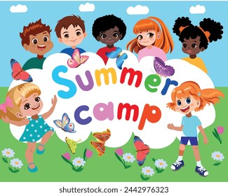 Cheerful children of different nationalities inscription in colorful letters summer camp on  background of blue sky clouds green grass flowers butterflies Vector