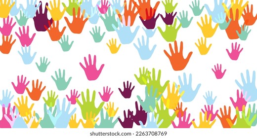 Cheerful children handprints art therapy concept background design. Kid paint hand prints play and joy background. Children and adult handprints, palms with five fingers isolated.