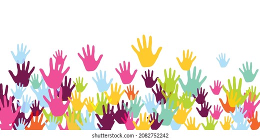 Cheerful children handprints nursery games concept vector illustration. Baby paint hand prints art therapy pattern. Kids group handprint silhouettes.