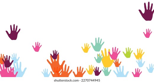 Cheerful children handprints nursery games concept background design. Toddler paint hand prints play and joy concept. Kids group handprint silhouettes.