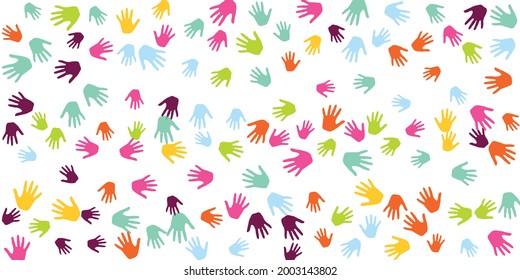 Cheerful children handprints preschool education concept vector illustration. Kid paint hand prints art therapy pattern. Kids group handprint silhouettes.