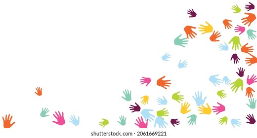 Cheerful children handprints preschool education concept vector illustration. Baby paint hand prints games concept. Human palm handprints illustration.