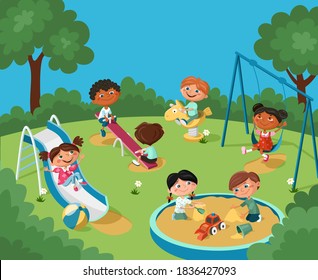 Cheerful children are having fun on the playground. Boys and girls riding on swings, going down the slide, playing in the sandbox. Cartoon vector illustration 