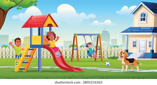 Cheerful children having fun playing on slide and swing set with a pet dog at backyard park. Vector cartoon illustration