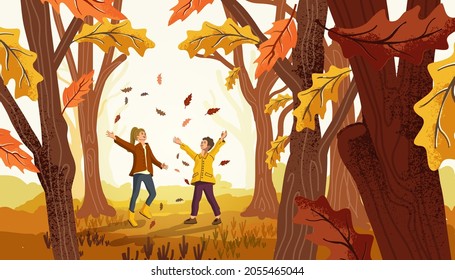 cheerful Children having fun and throwing leaves into the air in a park filled with trees. Autumn Fall people illustration.