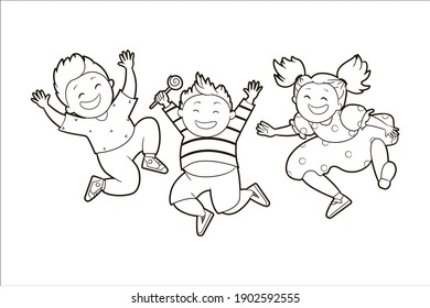 Cheerful children are jumping with joy. Vector illustration, coloring book, black and white sketch, doodle, line art