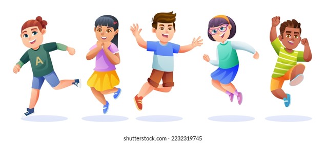 Cheerful children jumping together cartoon illustration