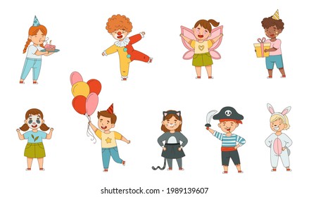 Cheerful Children in Masquerade Costumes and with Face Painting Engaged in Festive Celebration Vector Set