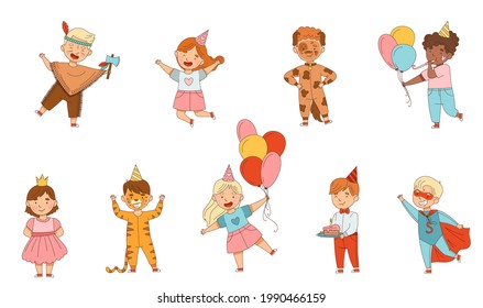 Cheerful Children in Masquerade Costumes and with Face Painting Engaged in Festive Celebration Vector Set