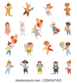 Cheerful Children in Masquerade Costumes and with Face Painting Engaged in Festive Celebration Big Vector Set