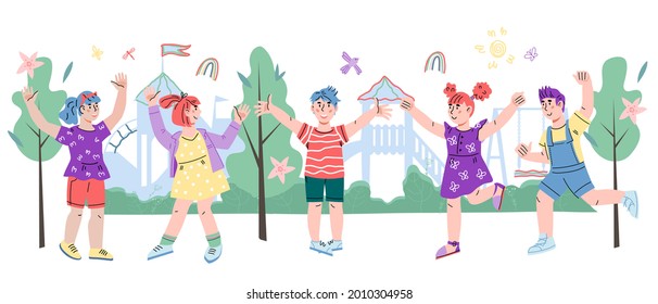 Cheerful children on playground standing smiling and raising hands, flat vector illustration isolated on white background. Kids at backdrop of playground swings, slides and rides.