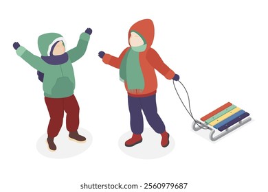 Cheerful children on a winter walk. Warm clothes, sled. Simple isometric design without a face on a white background