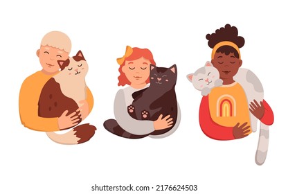 Cheerful children petting cats. Hugging and cuddling pets, domestic animals owners, animal lover, spending funny playful time, kitten friendship, family little friend vector illustration