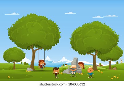 Cheerful children play outdoors. Vector illustration