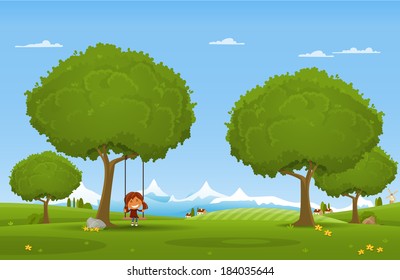 Cheerful children play outdoors. Vector illustration