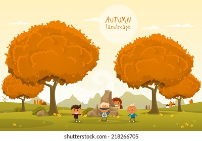 Cheerful children play outdoors. Vector illustration of Autumn theme