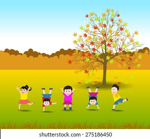 Cheerful children play outdoors. Vector illustration of Autumn theme