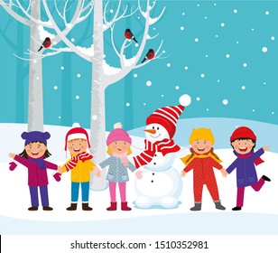 Cheerful children play outside in the winter.