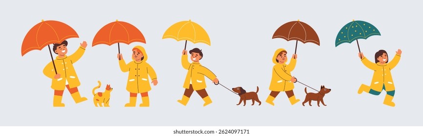Cheerful Children in Raincoats Enjoying a Rainy Day with Their Pets