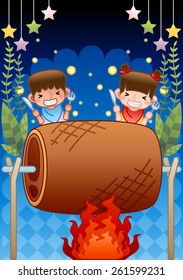 Cheerful Children and a Roasted big Meat - on the fire, having fun with lovely little girl and cute boy at night on a background of dark blue sky and beautiful natural park : vector illustration