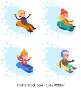 Cheerful children are rolling on tubes on Christmas holidays. Boys and girls have fun outdoors in the winter. Vector illustration, flat design style. Isolated on a white background.