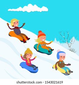 Cheerful children are rolling on tubes on Christmas holidays. Boys and girls have fun outdoors in the winter. Vector illustration, flat design style.